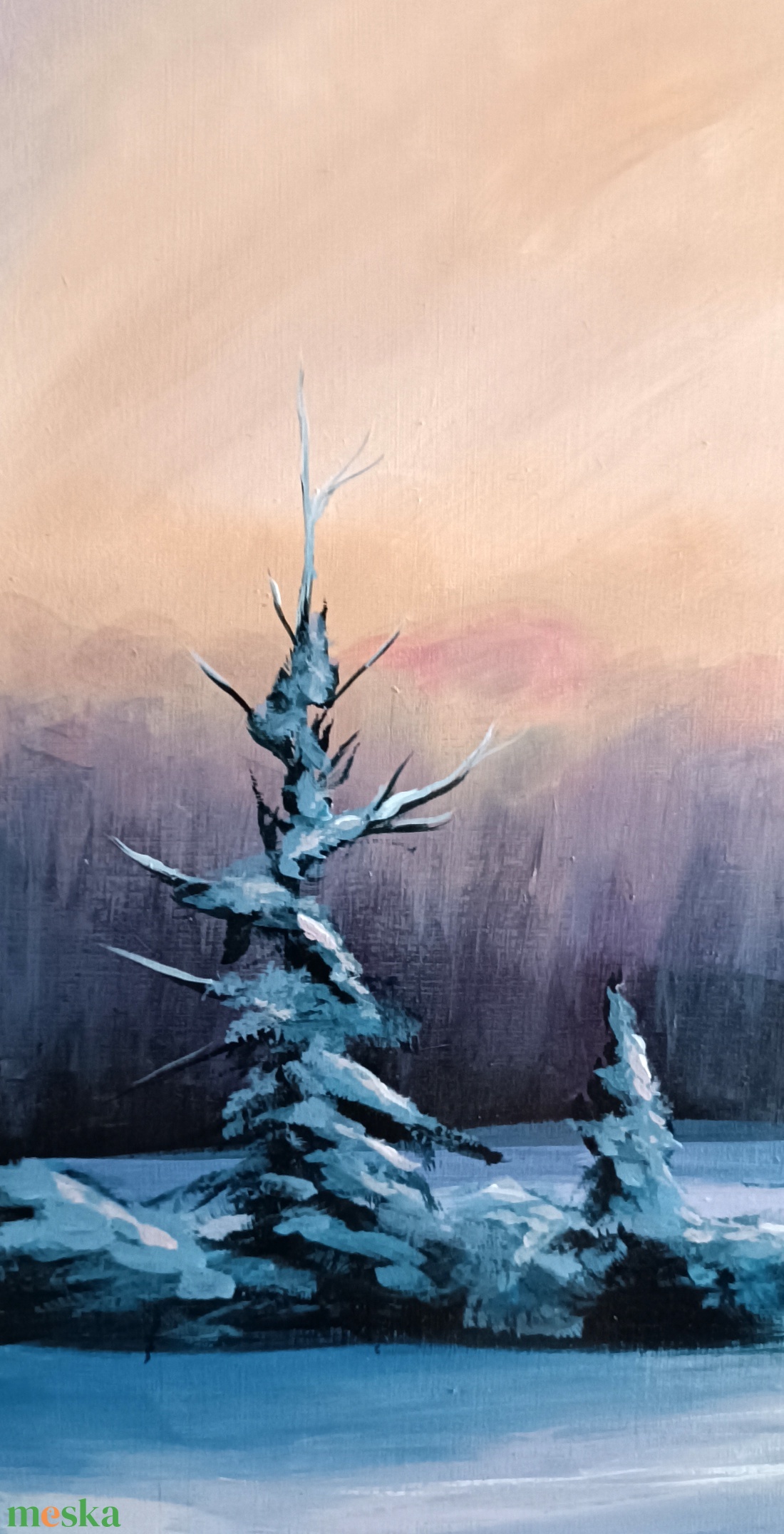 Téli fenyves naplementében - művészet - festmény - akril - Meska.hu