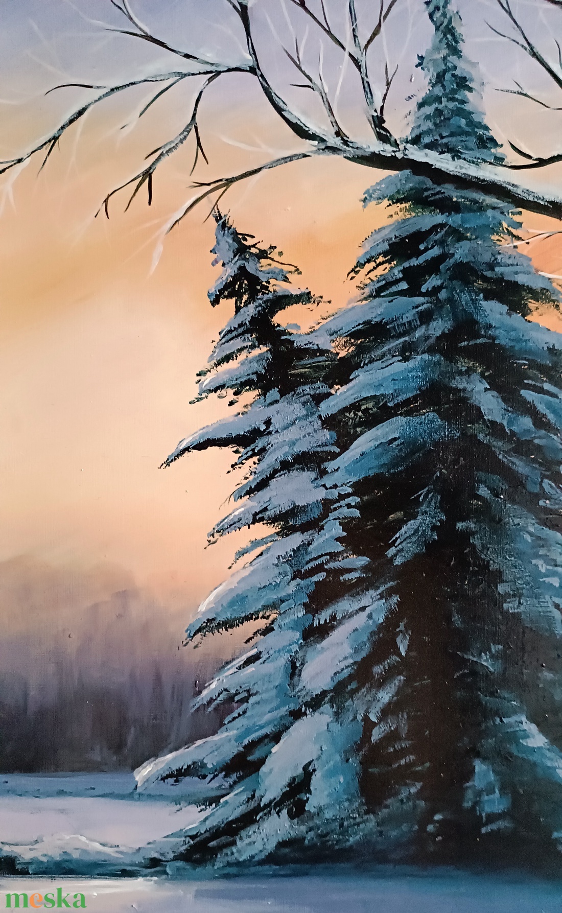 Téli fenyves naplementében - művészet - festmény - akril - Meska.hu