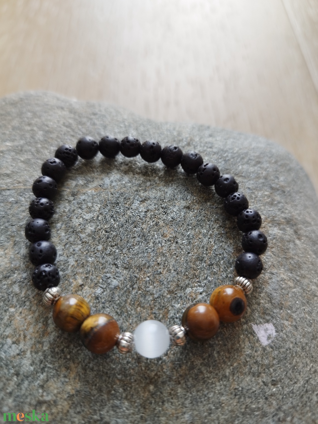 Tigrisszem, szelenit és lávakő ásványgyöngy karkötő - ékszer - karkötő - ásványkarkötő - Meska.hu