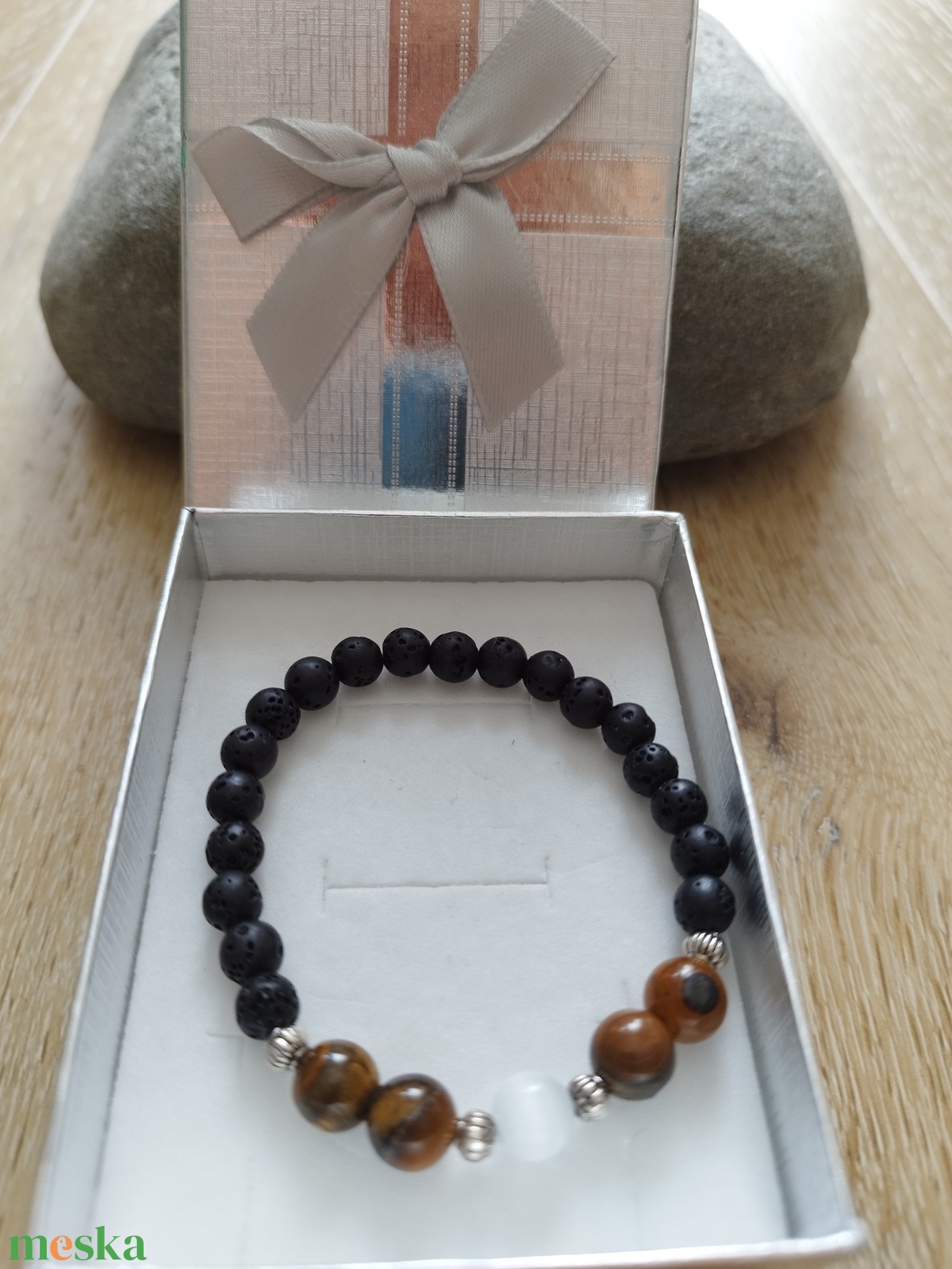 Tigrisszem, szelenit és lávakő ásványgyöngy karkötő - ékszer - karkötő - ásványkarkötő - Meska.hu