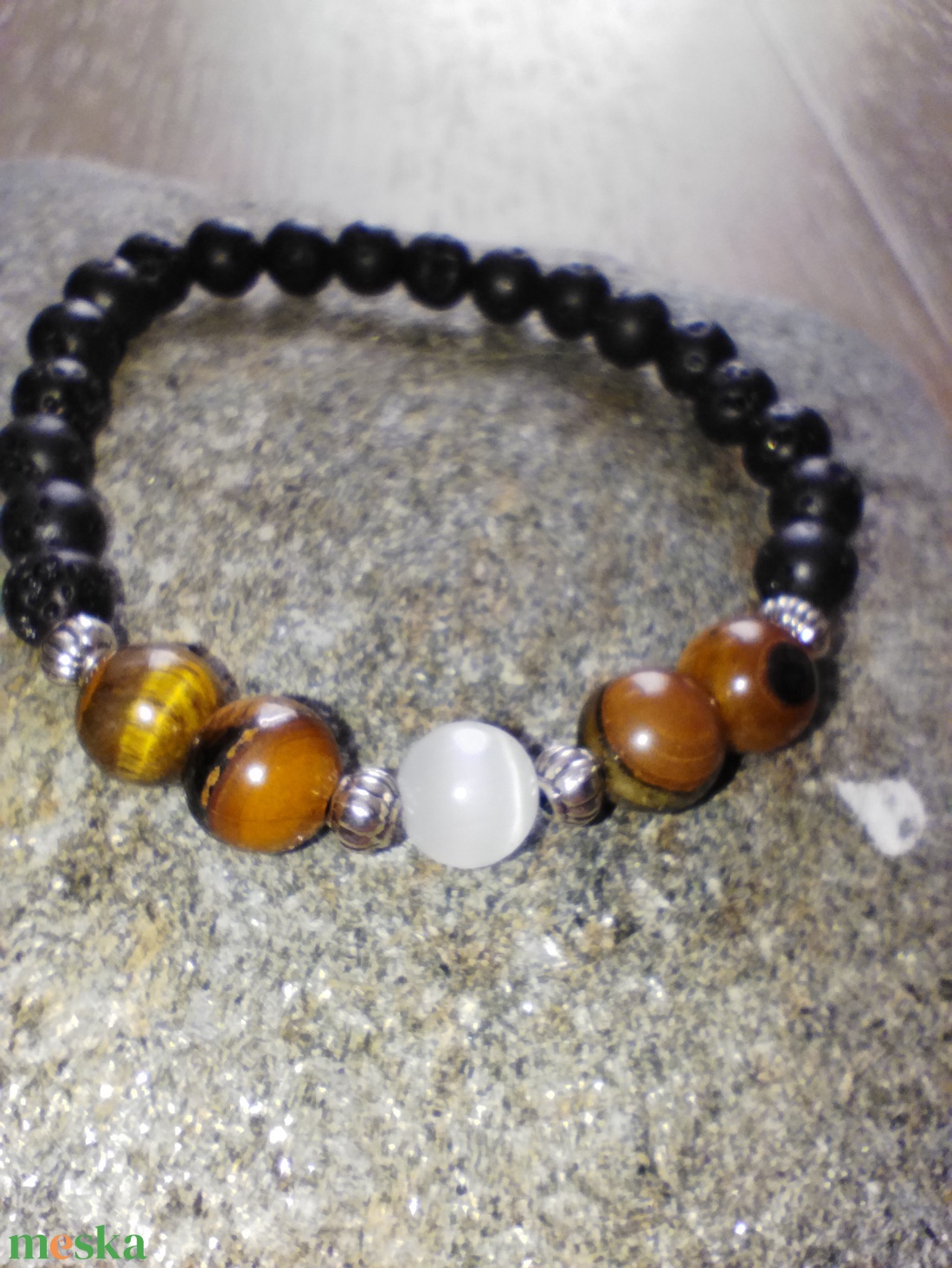 Tigrisszem, szelenit és lávakő ásványgyöngy karkötő - ékszer - karkötő - ásványkarkötő - Meska.hu