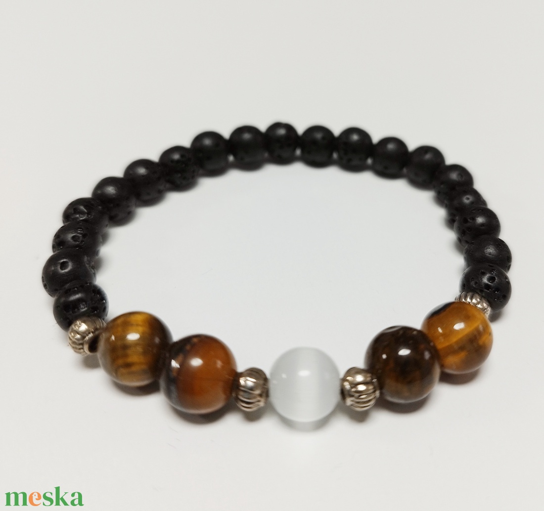 Tigrisszem, szelenit és lávakő ásványgyöngy karkötő - ékszer - karkötő - ásványkarkötő - Meska.hu