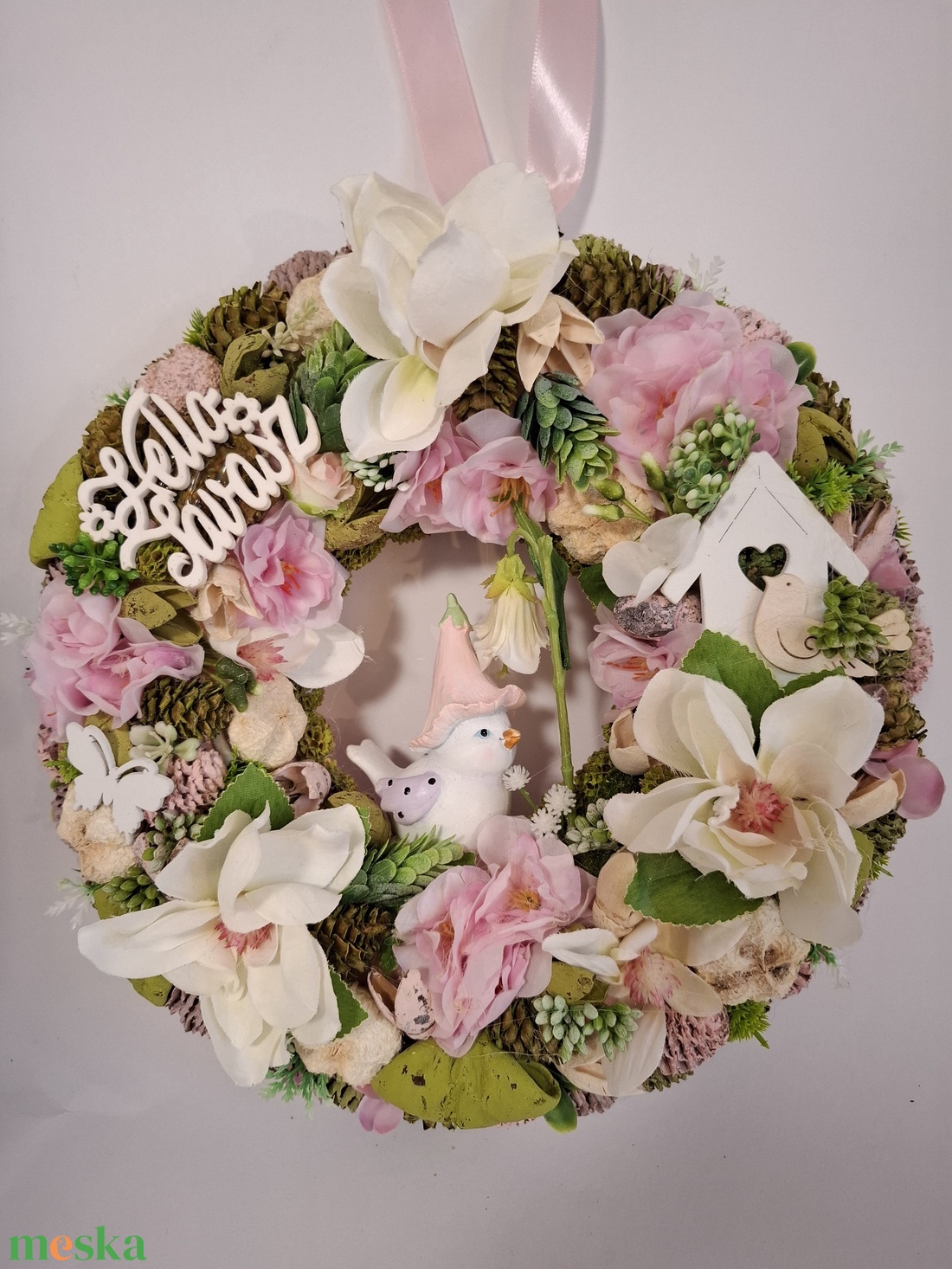 Tavaszi kopogtató madárkával - otthon & életmód - virágdekoráció - virágdíszek - dekor koszorúk, kopogtatók - Meska.hu