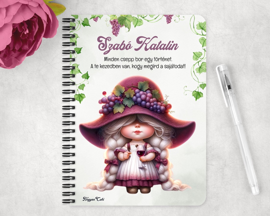 Személyre szabható - Szépséges borász manó lány mintás A6-os füzet - otthon & életmód - papír, írószer - jegyzetfüzet & napló - Meska.hu