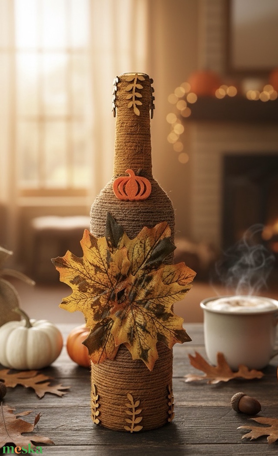 Dekorált palack (ősz) - otthon & életmód - dekoráció - asztal és polc dekoráció - díszüveg - Meska.hu