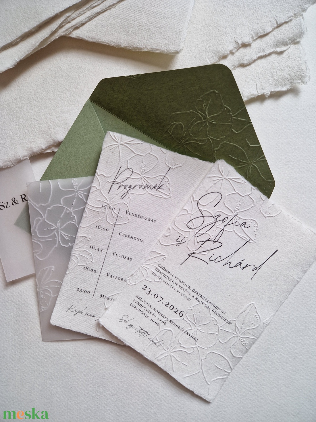 Dombornyomott, merített papírra készült esküvői meghívó, pauszpapírral  - esküvő - meghívó & kártya - meghívó - Meska.hu