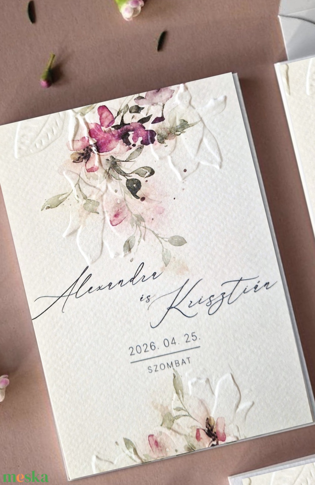 Akvarell virágokkal díszített esküvői meghívó, dombornyomva - esküvő - meghívó & kártya - menü - Meska.hu