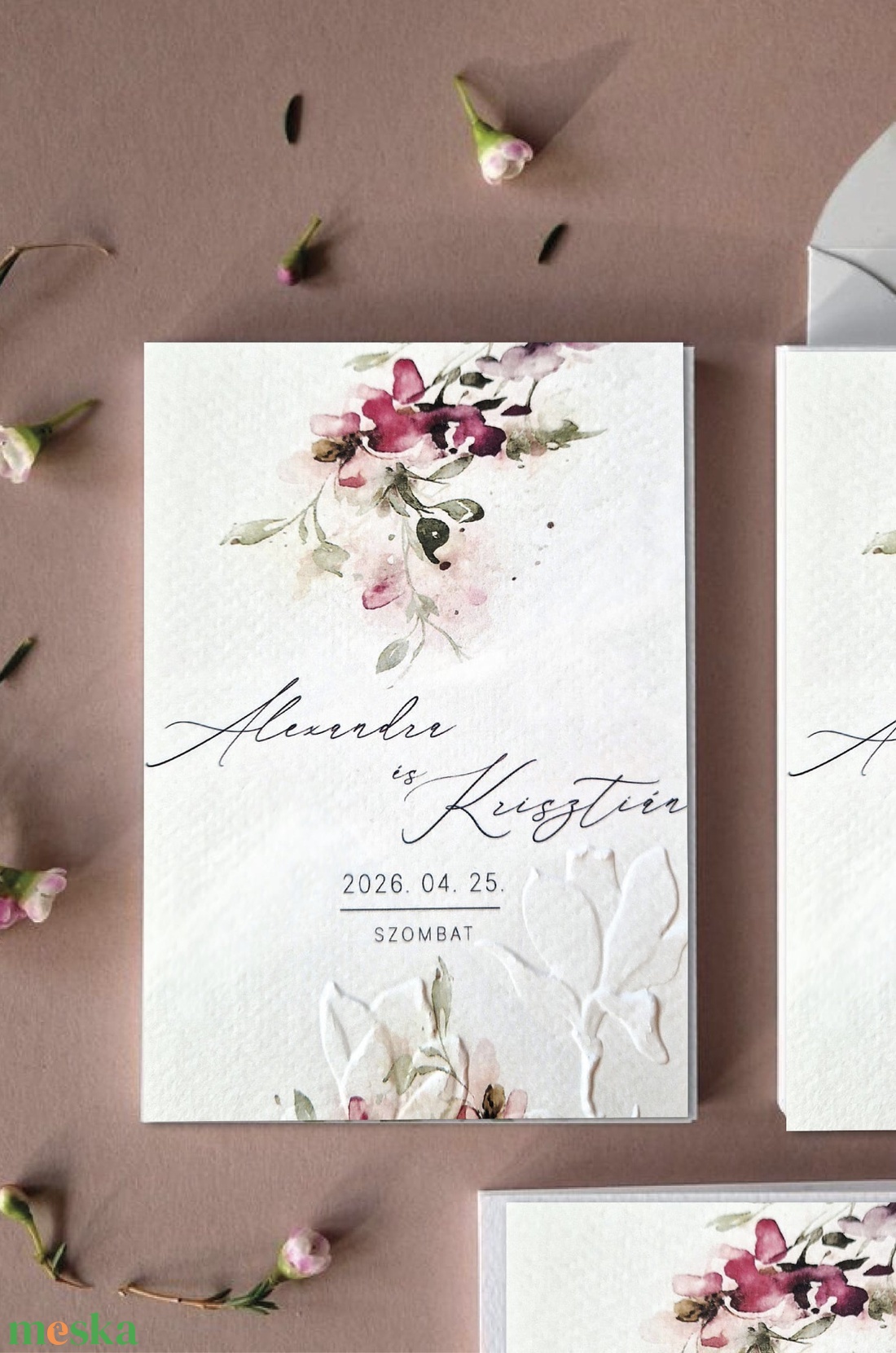 Akvarell virágokkal díszített esküvői meghívó, dombornyomva - esküvő - meghívó & kártya - menü - Meska.hu