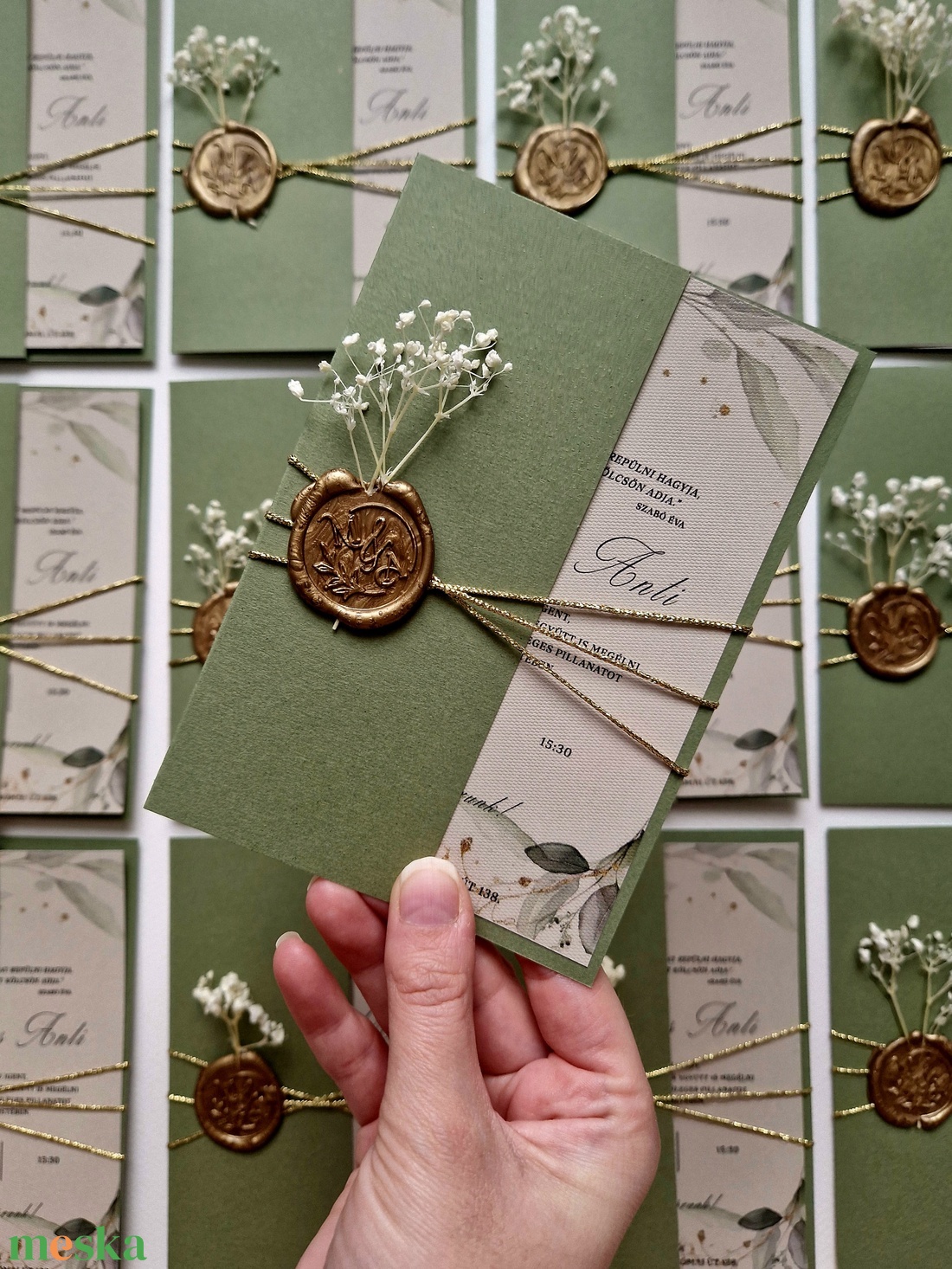 Esküvői meghívó, zöld borítóval, virággal - esküvő - meghívó & kártya - esküvői pecsét, bélyegző - esküvői viasz pecsét - Meska.hu