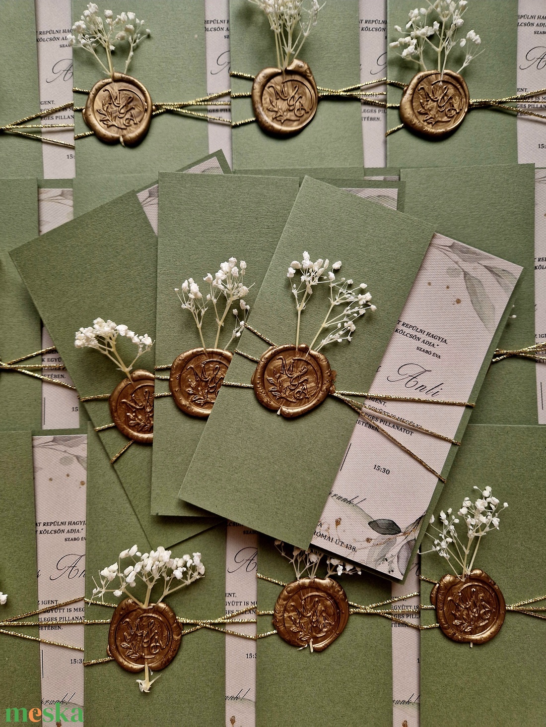 Esküvői meghívó, zöld borítóval, virággal - esküvő - meghívó & kártya - esküvői pecsét, bélyegző - esküvői viasz pecsét - Meska.hu