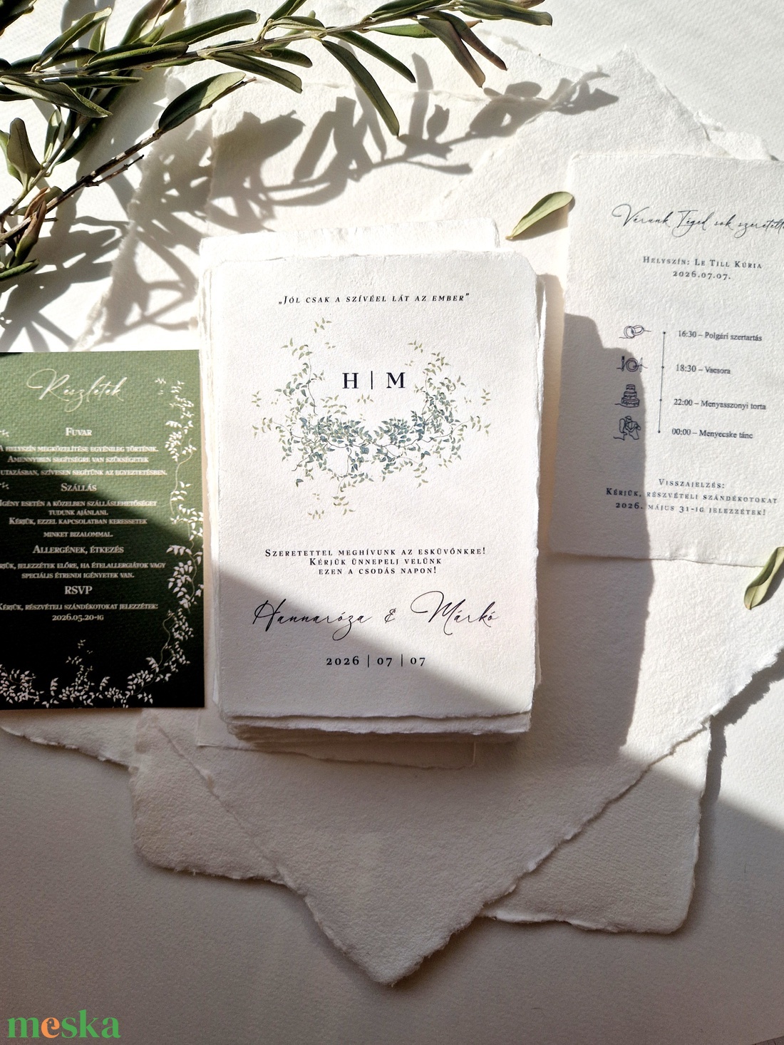 GREENERY Esküvői meghívó, zöld apró levelekkel, merített papíron - esküvő - meghívó & kártya - meghívó - Meska.hu