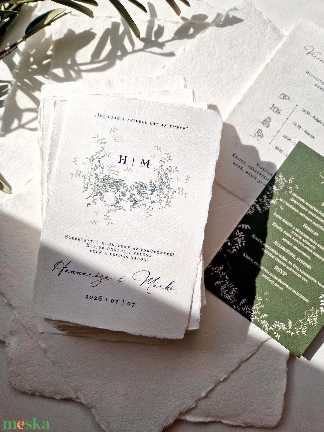 GREENERY Esküvői meghívó, zöld apró levelekkel, merített papíron - esküvő - meghívó & kártya - meghívó - Meska.hu