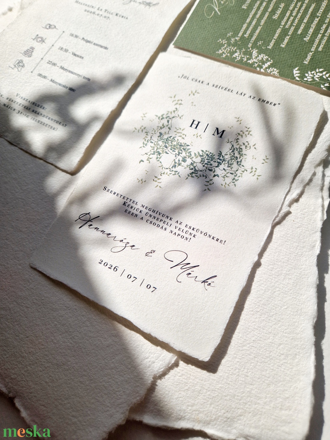 GREENERY Esküvői meghívó, zöld apró levelekkel, merített papíron - esküvő - meghívó & kártya - meghívó - Meska.hu