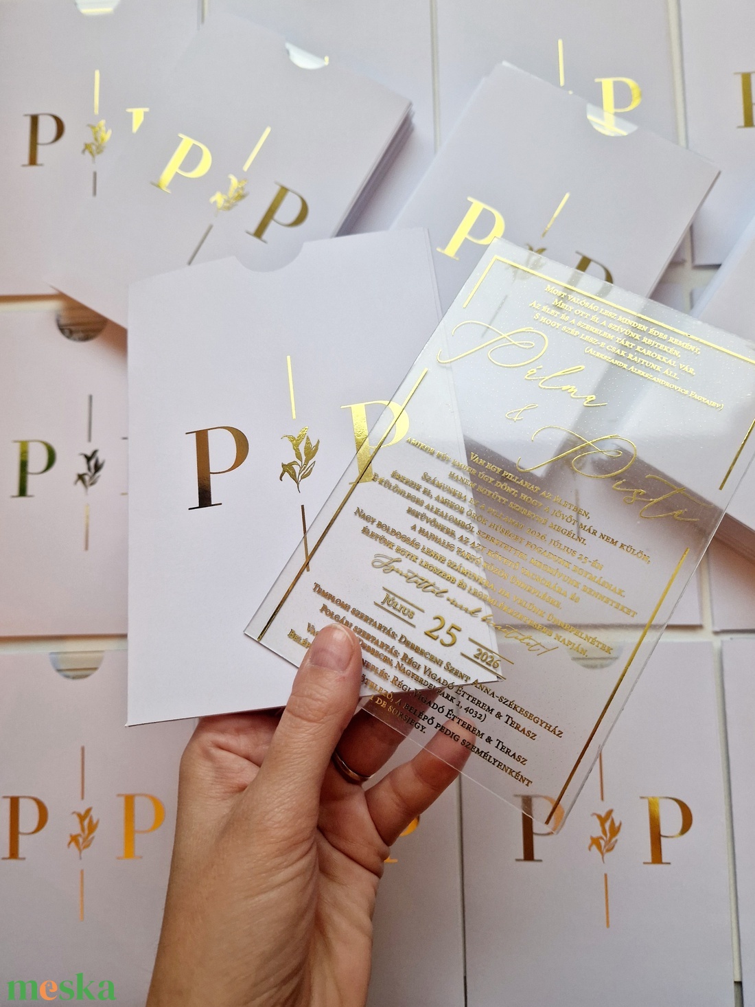 ESKÜVŐI MEGHÍVÓ, ARANY PLEXI - esküvő - meghívó & kártya - menü - Meska.hu
