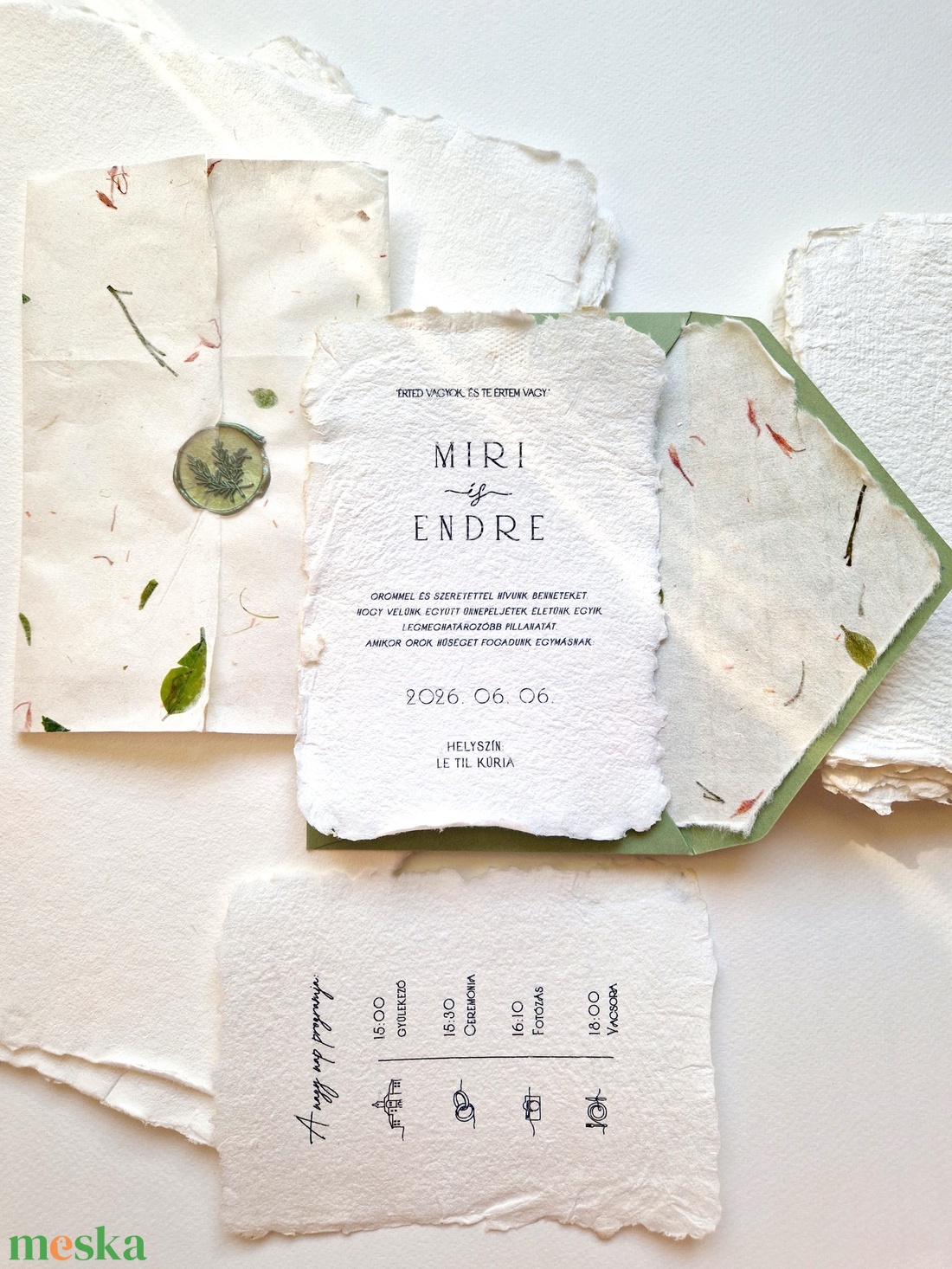 ESKÜVŐI MEGHÍVÓ, GREENERY, merített papíron - esküvő - meghívó & kártya - meghívó - Meska.hu