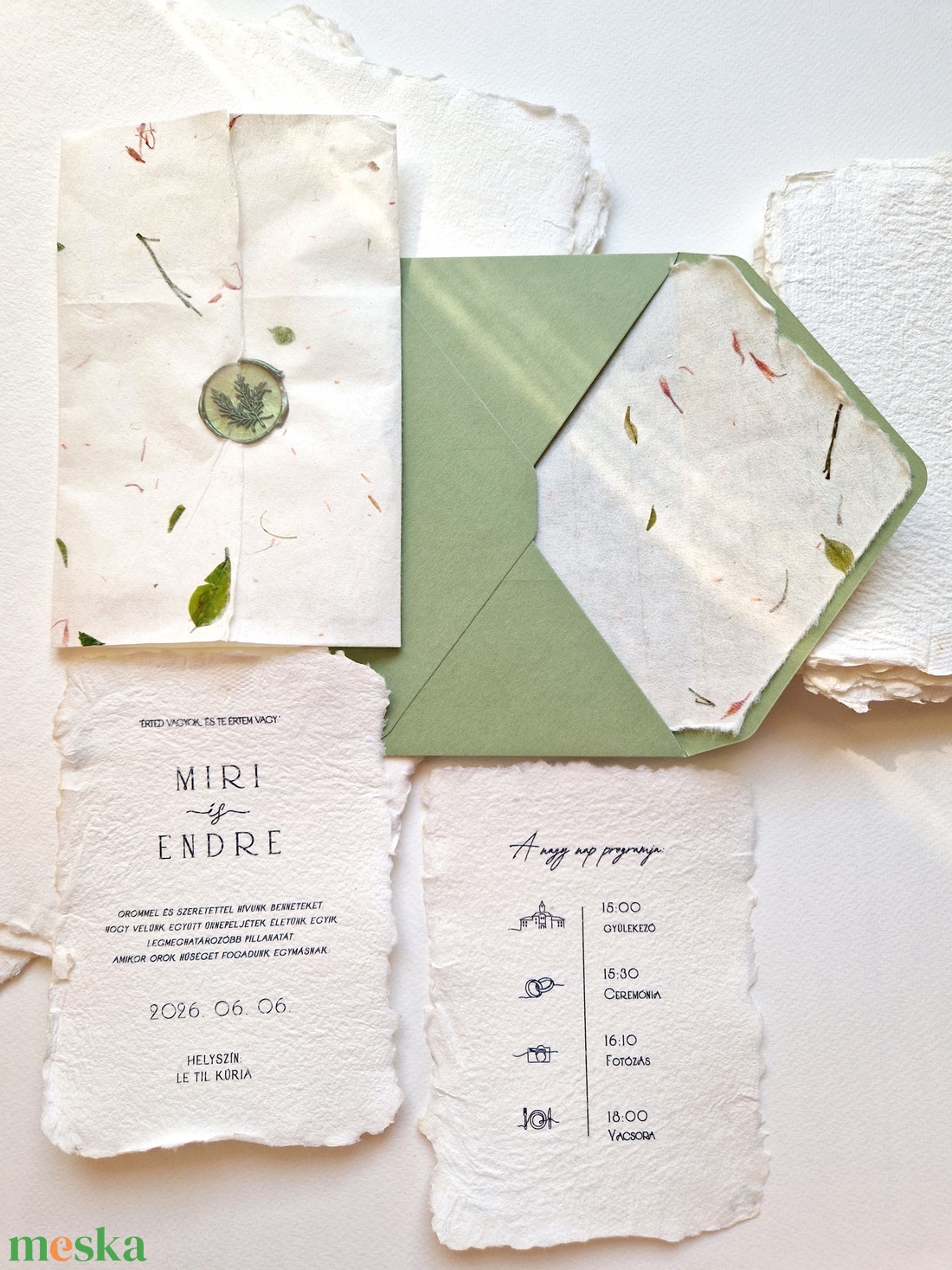ESKÜVŐI MEGHÍVÓ, GREENERY, merített papíron - esküvő - meghívó & kártya - meghívó - Meska.hu