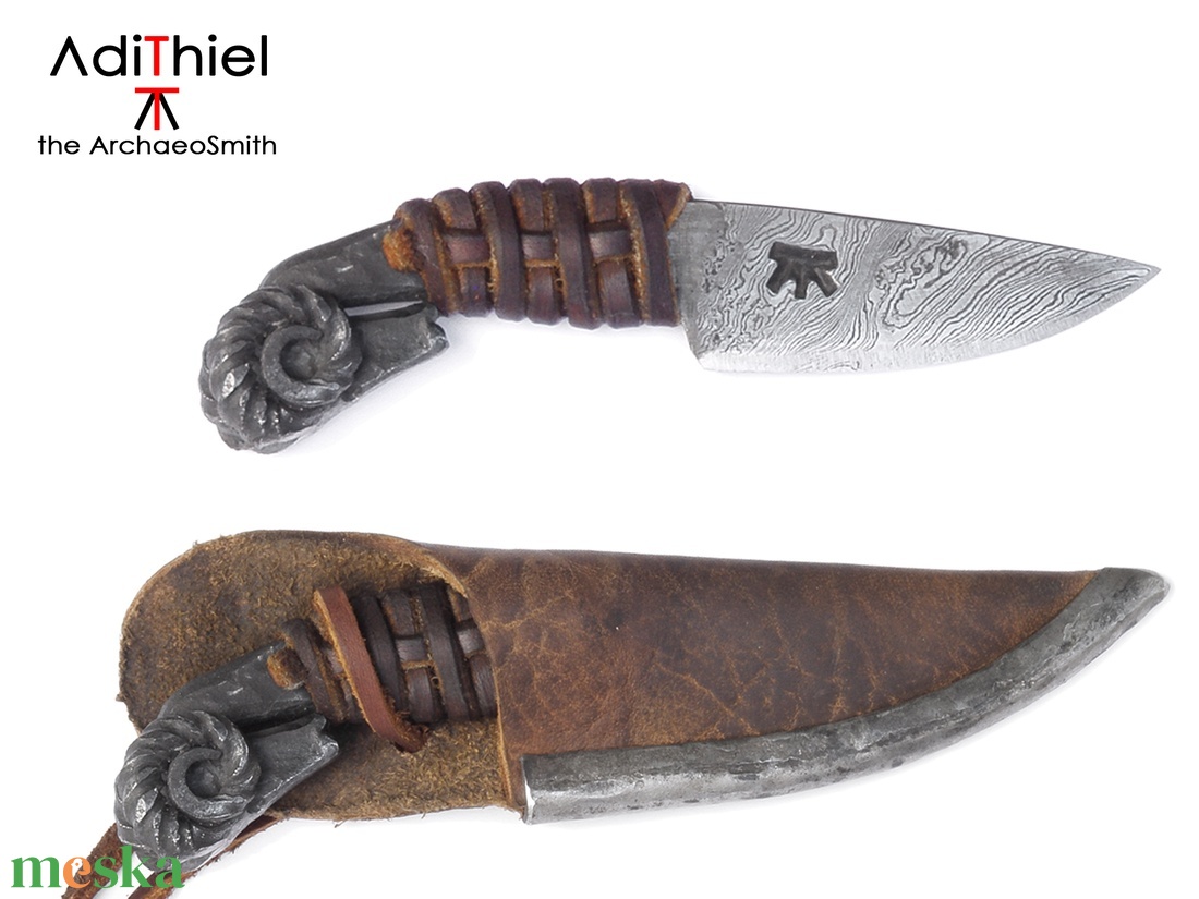 Kosfejes nyakkés csavart damaszk pengével, bőrfonatos markolattal és bőrtokkal, [Kb_07a] - otthon & életmód - konyhafelszerelés, tálalás - sütés, főzés - kés & késtartó - Meska.hu