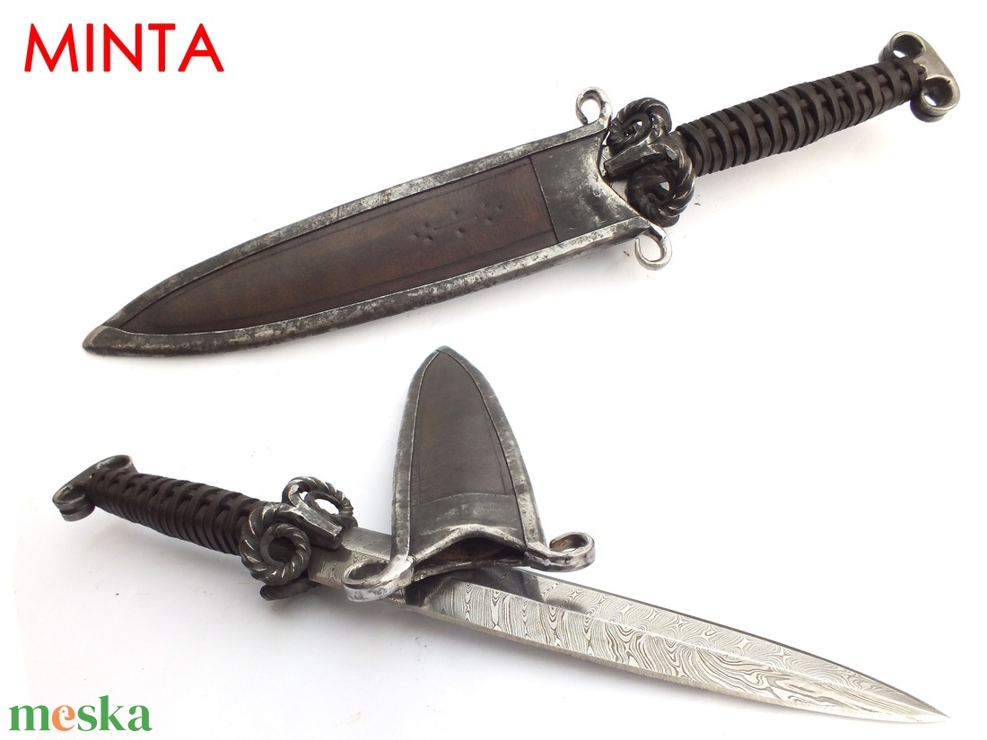 Kosfejes tőr bőrfonatos markolattal és duplacsavart damaszk, gerincéles pengével, [Kb_08b] - otthon & életmód - konyhafelszerelés, tálalás - sütés, főzés - kés & késtartó - Meska.hu