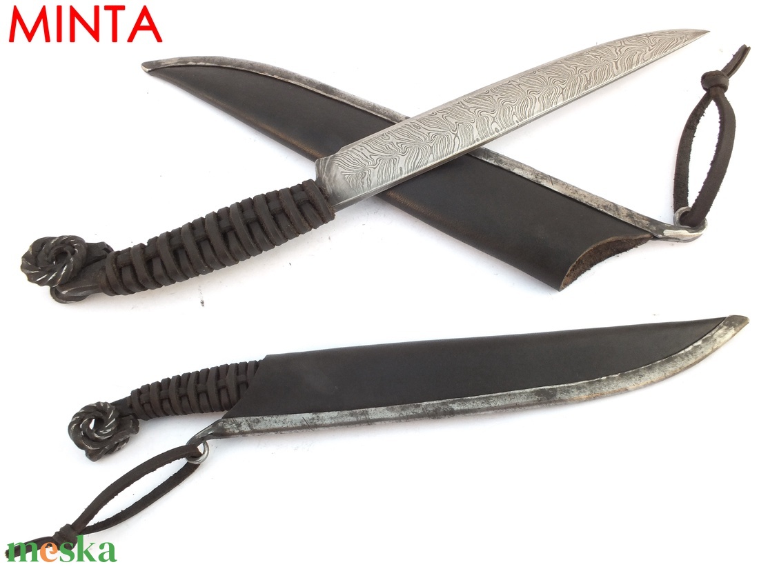Bőrmarkolatos damaszkolt kosfejes kés duplacsavart damaszk pengével, [Kb_04b] - otthon & életmód - konyhafelszerelés, tálalás - sütés, főzés - kés & késtartó - Meska.hu