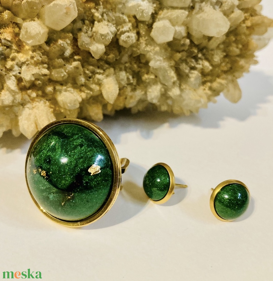 Sötétzöld és arany kerek szett - ékszer - ékszerszett - Meska.hu