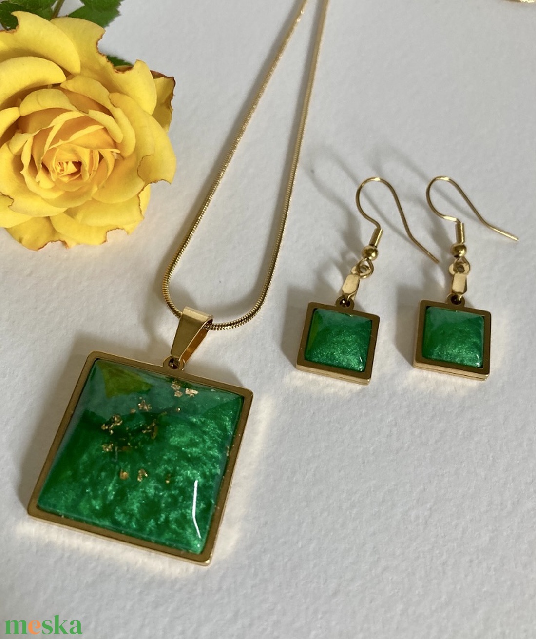 Szögletes zöldarany szett - ékszer - ékszerszett - Meska.hu