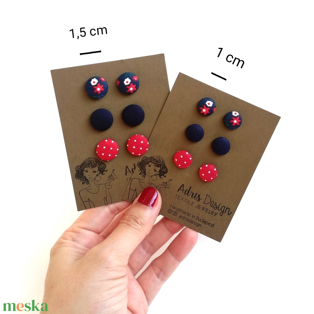 Micro textil fülbevaló csomag népies piros virágos, piros, sötétkék - 3 pár  - ékszer - fülbevaló - pötty fülbevaló - Meska.hu