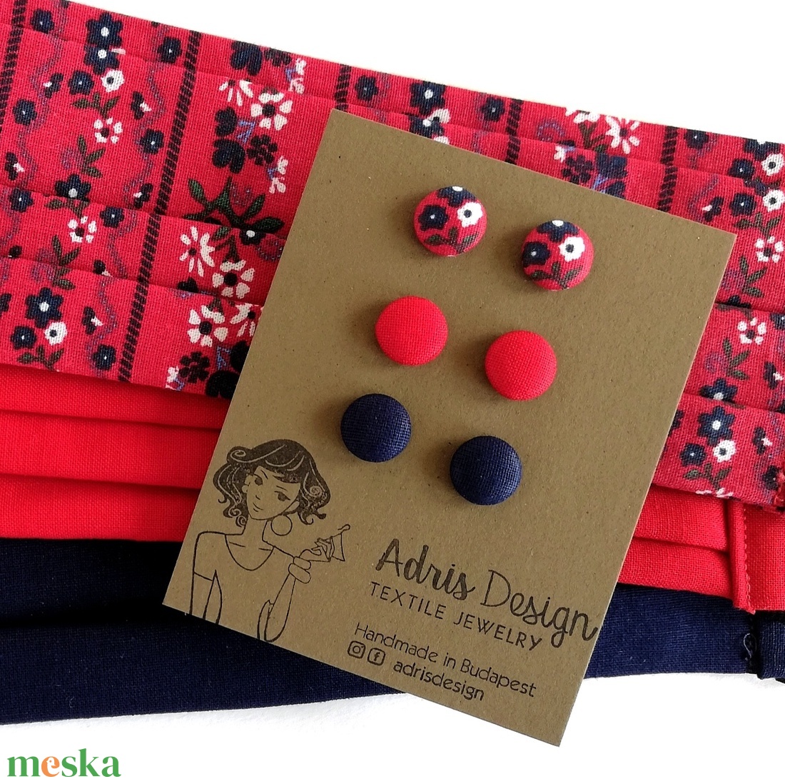 Micro textil fülbevaló csomag népies piros virágos, piros, sötétkék - 3 pár  - ékszer - fülbevaló - pötty fülbevaló - Meska.hu