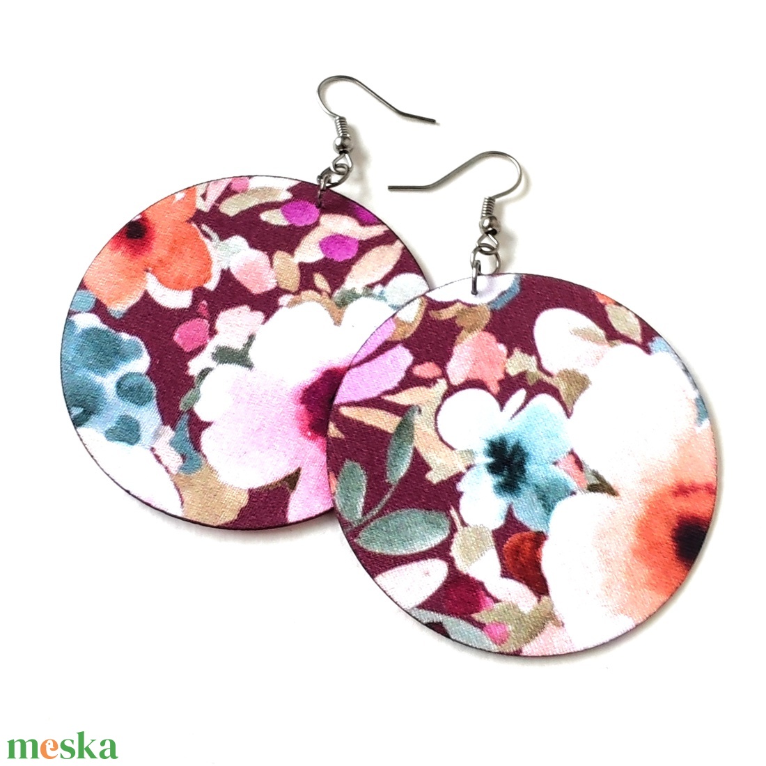 Meleg barna alapon rózsaszín, kékes, narancsos nagy virágmintás textilfülbevaló - ékszer - fülbevaló - lógó fülbevaló - Meska.hu