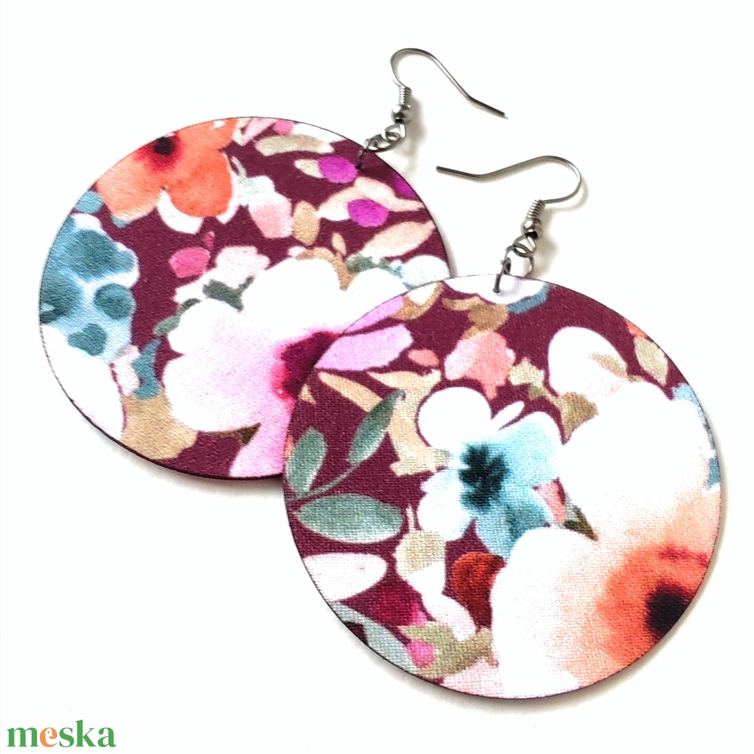Meleg barna alapon rózsaszín, kékes, narancsos nagy virágmintás textilfülbevaló - ékszer - fülbevaló - lógó fülbevaló - Meska.hu