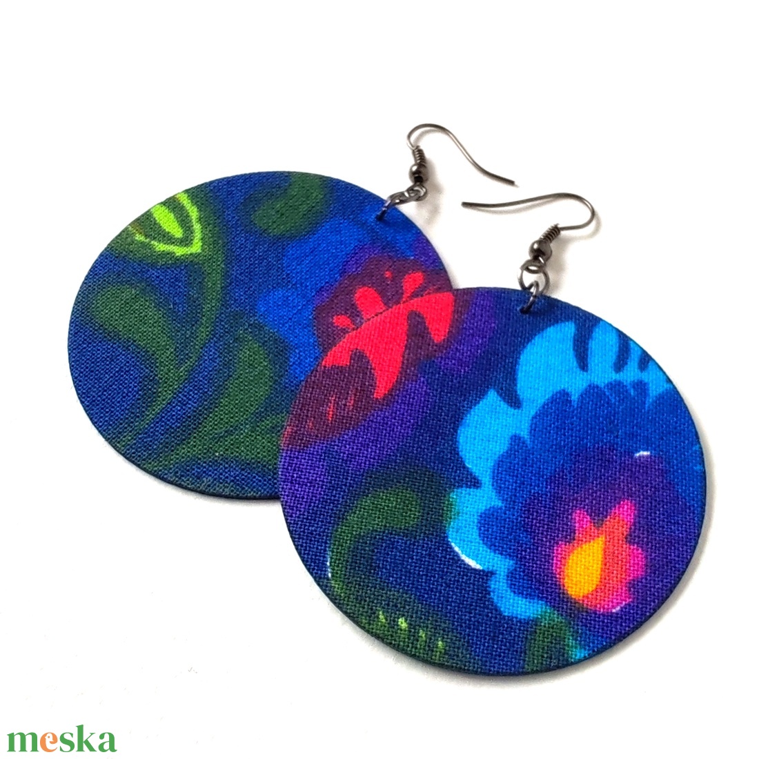 Élénk kék nagy virágos textilfülbevaló - ékszer - fülbevaló - lógó fülbevaló - Meska.hu