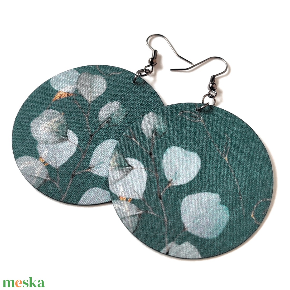 Pasztell türkiz levélmintás textilfülbevaló - ékszer - fülbevaló - lógó fülbevaló - Meska.hu