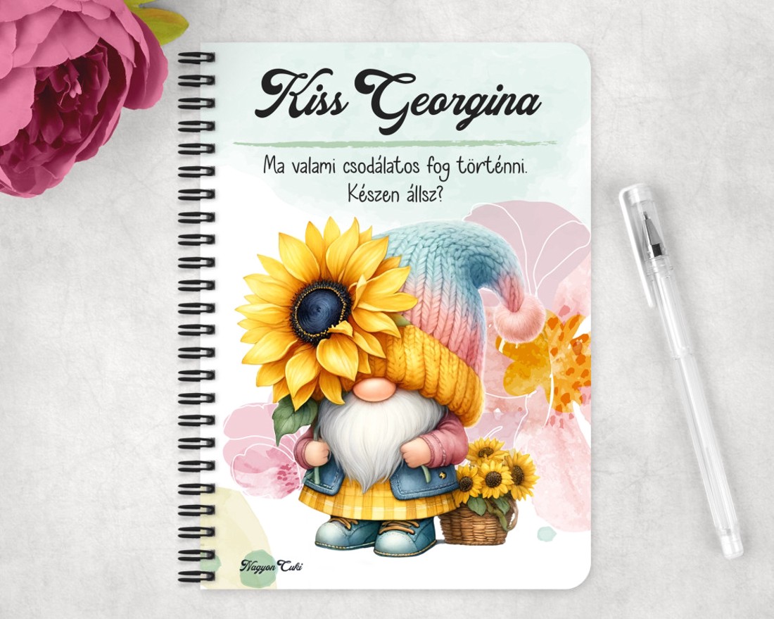 Személyre szabható - Cuki napraforgós manó egy szál virággal mintás A5-ös füzet - otthon & életmód - papír, írószer - jegyzetfüzet & napló - Meska.hu