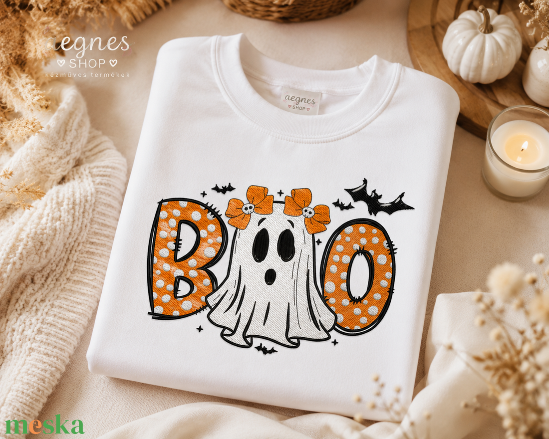Halloween hímzett pulóver � BOO szellemes / Halloween italos mintával - ruha & divat - női ruha - pulóver - Meska.hu