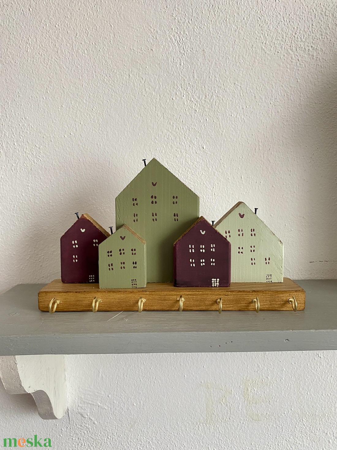 Fali kulcstartó olíva, menta, bordó házikókkal - otthon & életmód - dekoráció - fali és függő dekoráció - fali kulcstartó - Meska.hu