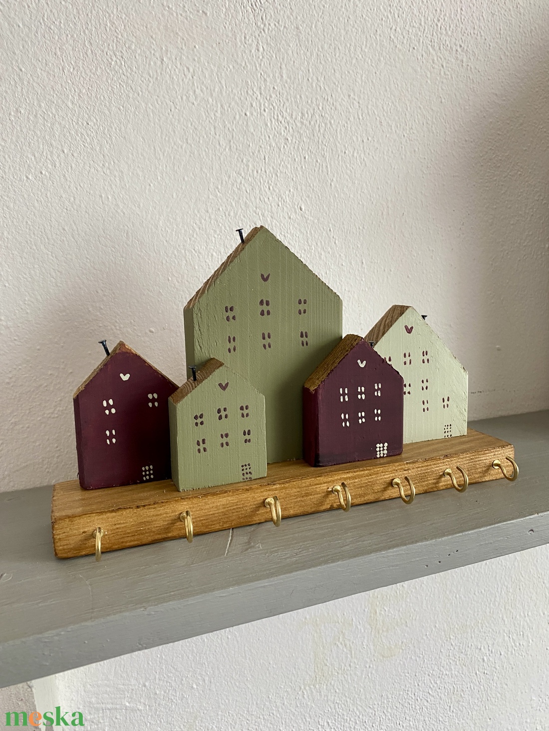 Fali kulcstartó olíva, menta, bordó házikókkal - otthon & életmód - dekoráció - fali és függő dekoráció - fali kulcstartó - Meska.hu