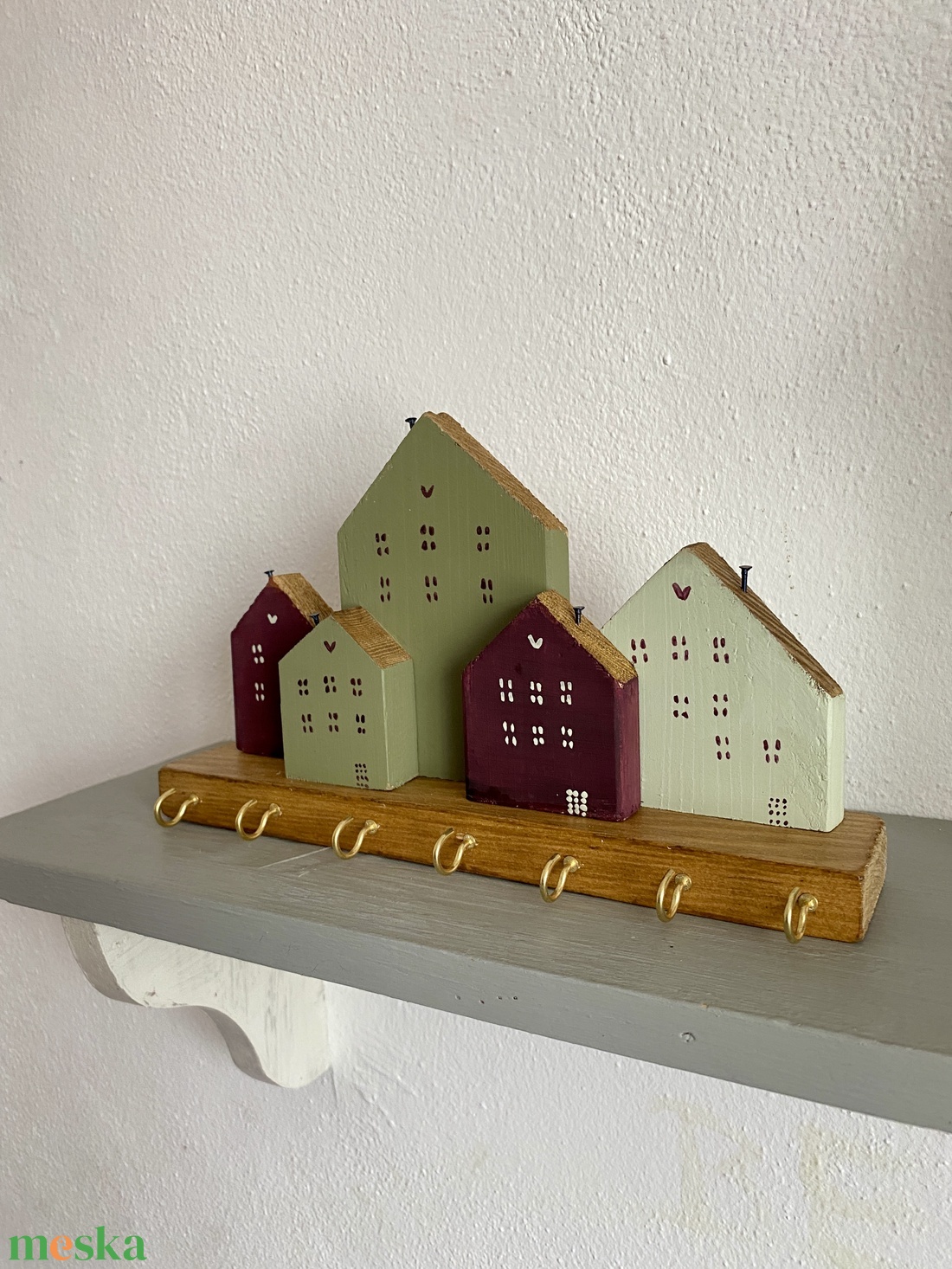 Fali kulcstartó olíva, menta, bordó házikókkal - otthon & életmód - dekoráció - fali és függő dekoráció - fali kulcstartó - Meska.hu