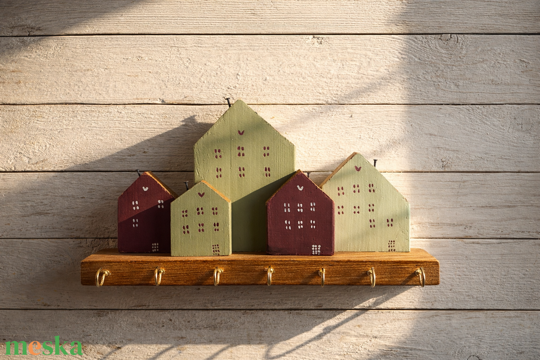 Fali kulcstartó olíva, menta, bordó házikókkal - otthon & életmód - dekoráció - fali és függő dekoráció - fali kulcstartó - Meska.hu