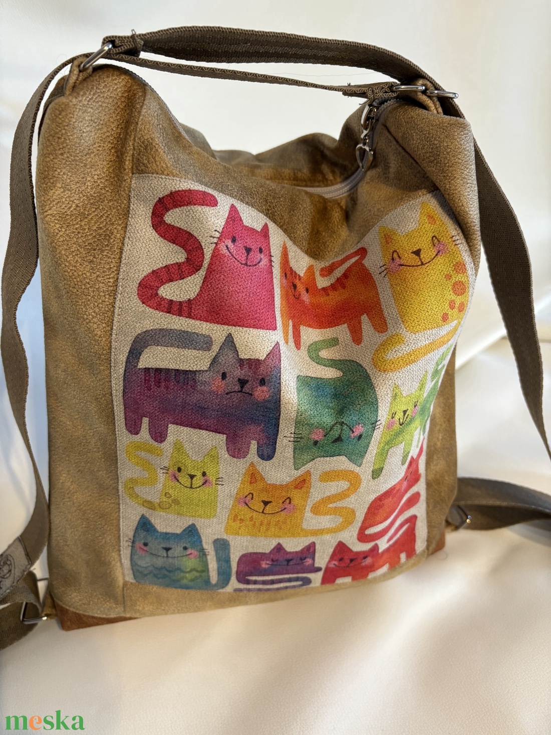 Barna, cica mintás 2 in 1 táska - táska & tok - hátizsák - hátizsák - Meska.hu
