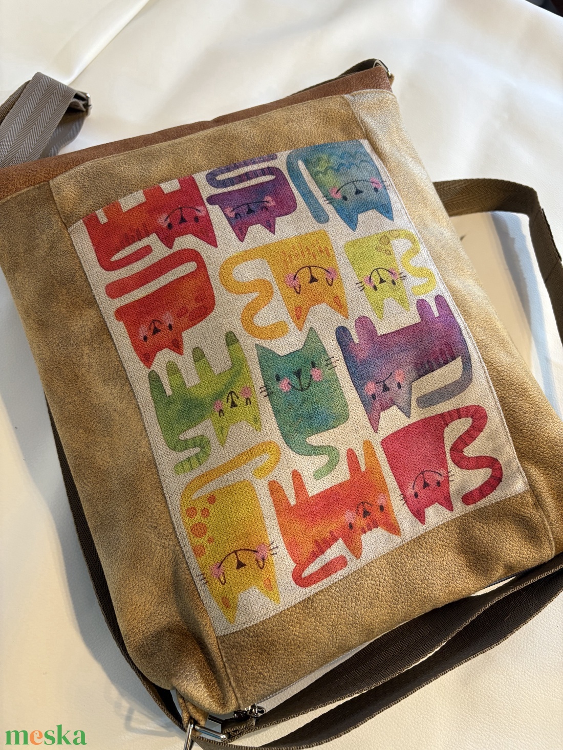 Barna, cica mintás 2 in 1 táska - táska & tok - hátizsák - hátizsák - Meska.hu