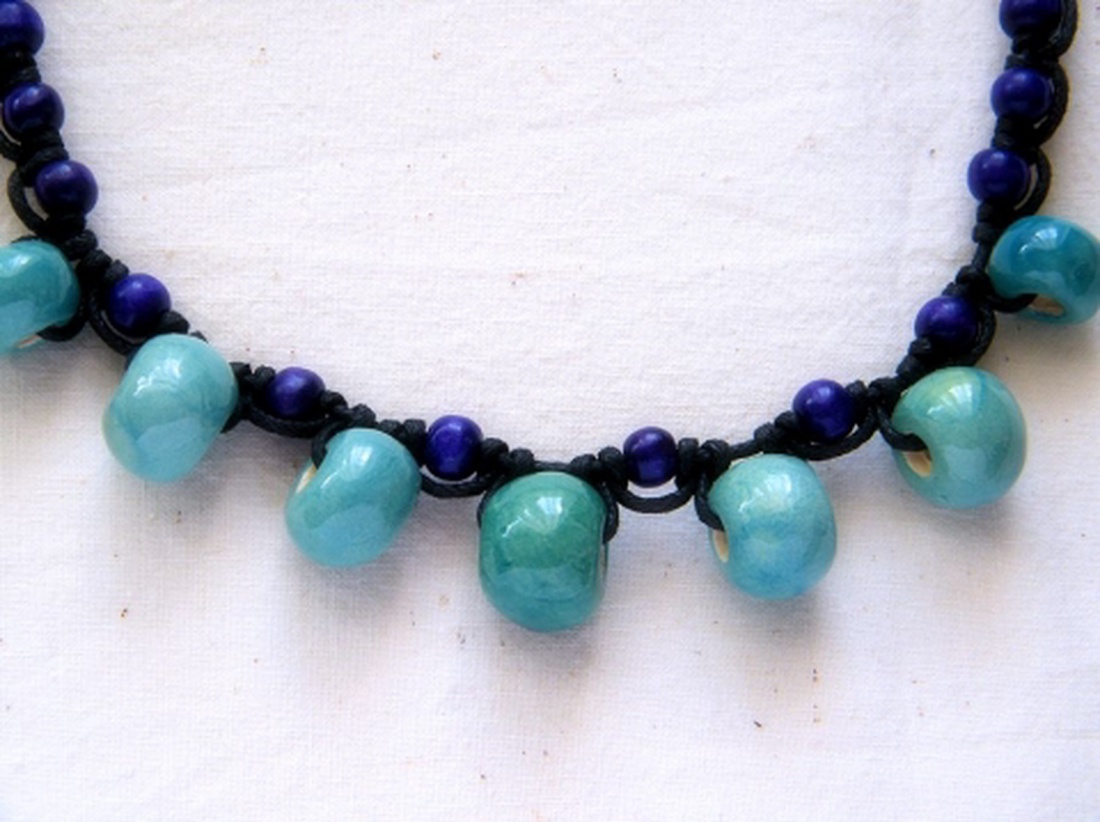 Türkiz gyöngyös csomózott kerámia nyaklánc -  - Meska.hu