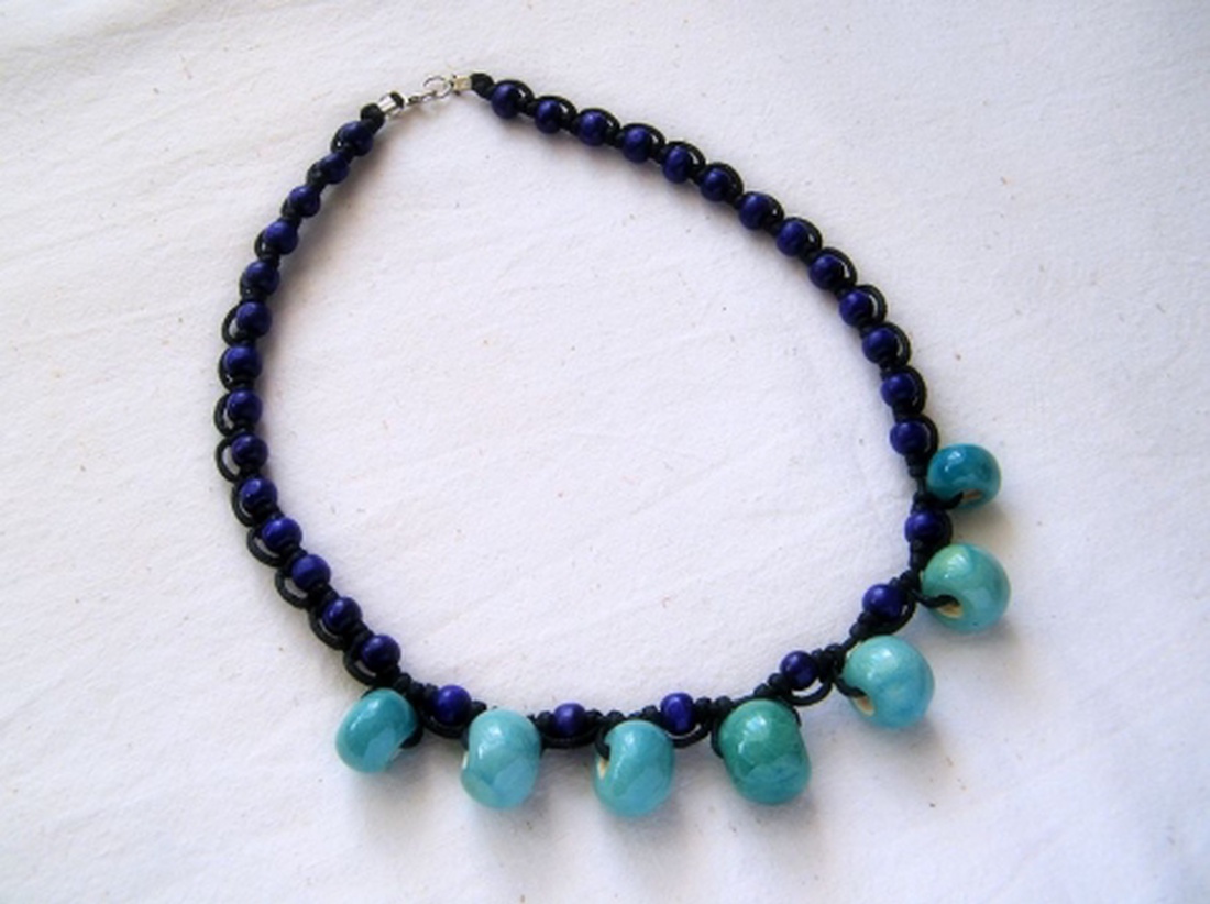 Türkiz gyöngyös csomózott kerámia nyaklánc -  - Meska.hu