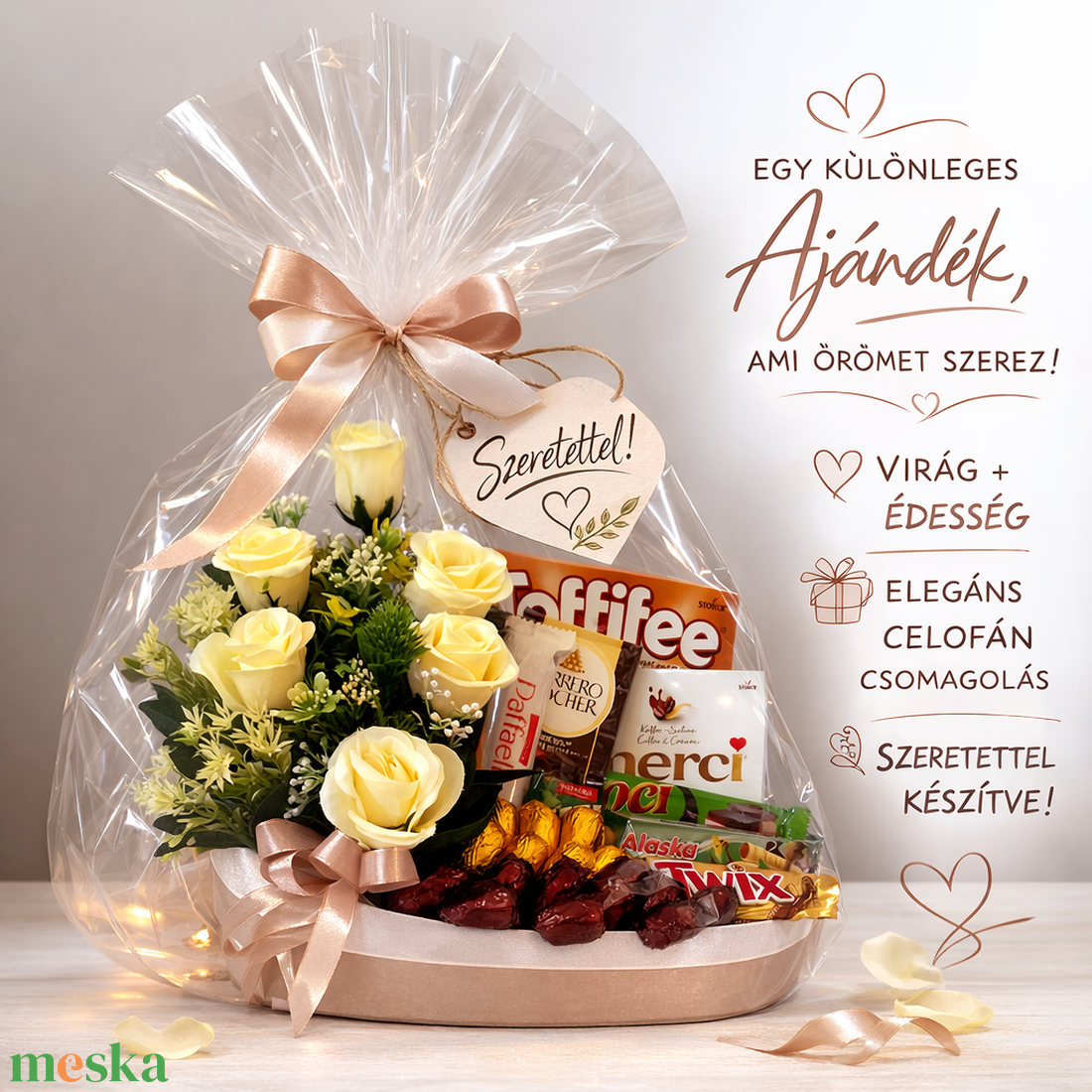 Ajándék csomag virág díszítéssel - otthon & életmód - virágdekoráció - virágok - virágbox - Meska.hu