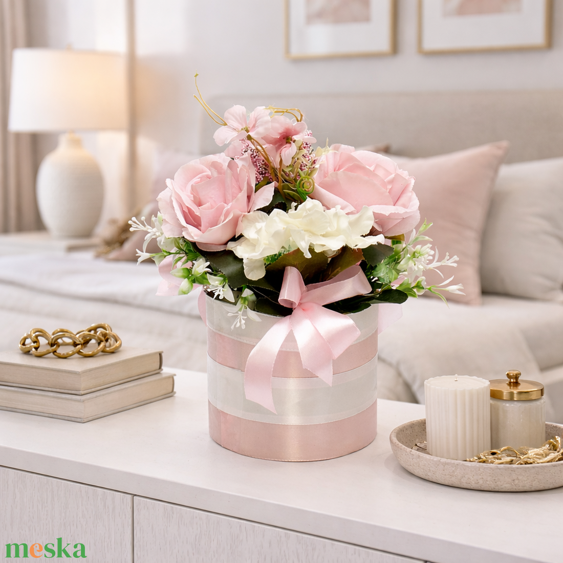 Romantikus rózsaszín virágbox rózsával � romantikus ajándék és lakásdekor - otthon & életmód - dekoráció - asztal és polc dekoráció - asztaldísz - Meska.hu