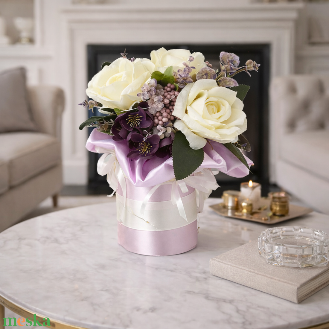 Elegáns rózsás virágbox � krém és lila virágkompozíció ajándéknak - otthon & életmód - virágdekoráció - virágok - virágbox - Meska.hu