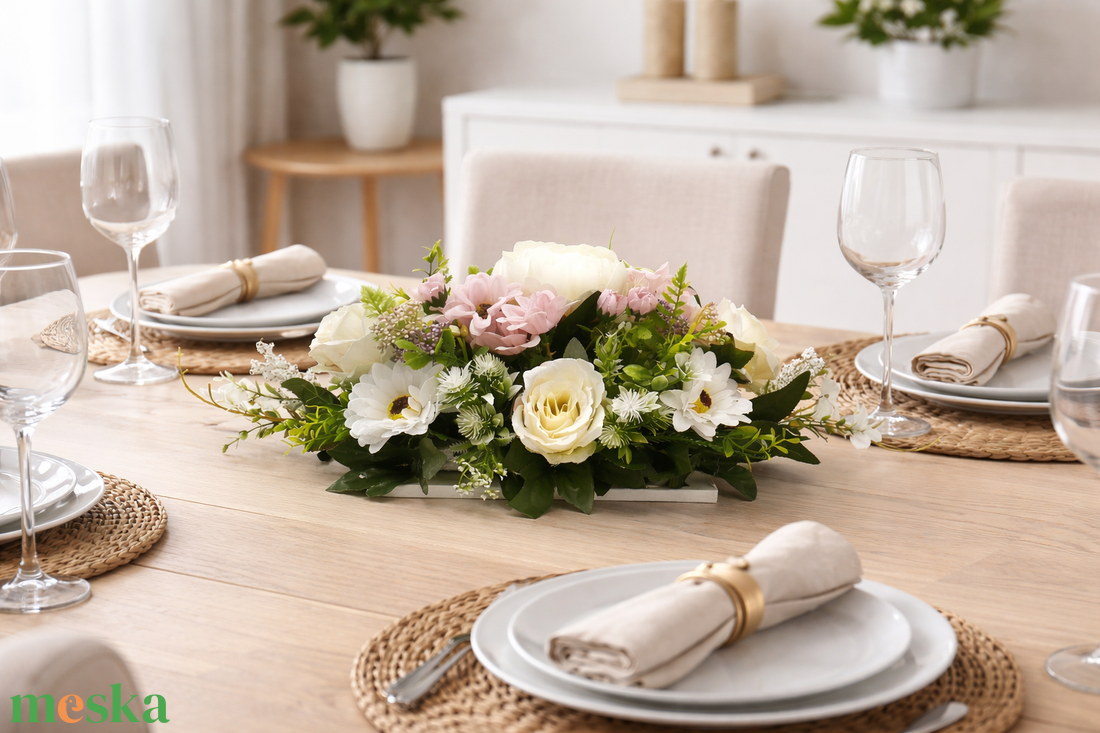 Elegáns virágos asztaldísz � romantikus rózsás virágkompozíció   - otthon & életmód - dekoráció - asztal és polc dekoráció - asztaldísz - Meska.hu