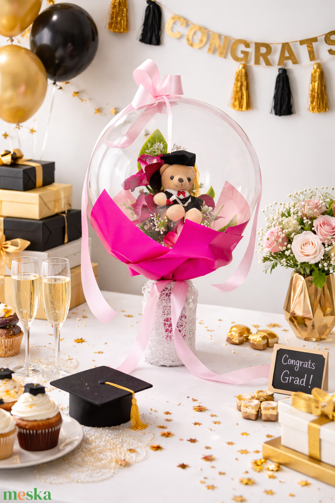 Ballagási macis ballonos csokor �  különleges ballagási ajándék, diplomaosztó ajándék - otthon & életmód - virágdekoráció - virágok - virágcsokor - Meska.hu