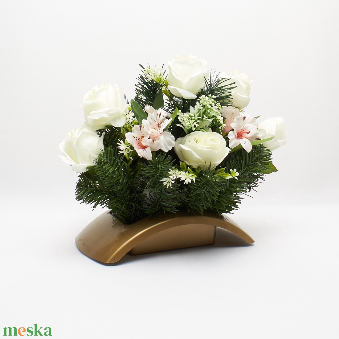 Elegáns fehér rózsás virágkompozíció � időtálló dekoráció - otthon & életmód - vallás - temetkezési tárgy - sírdísz, kegyeleti dísz - Meska.hu