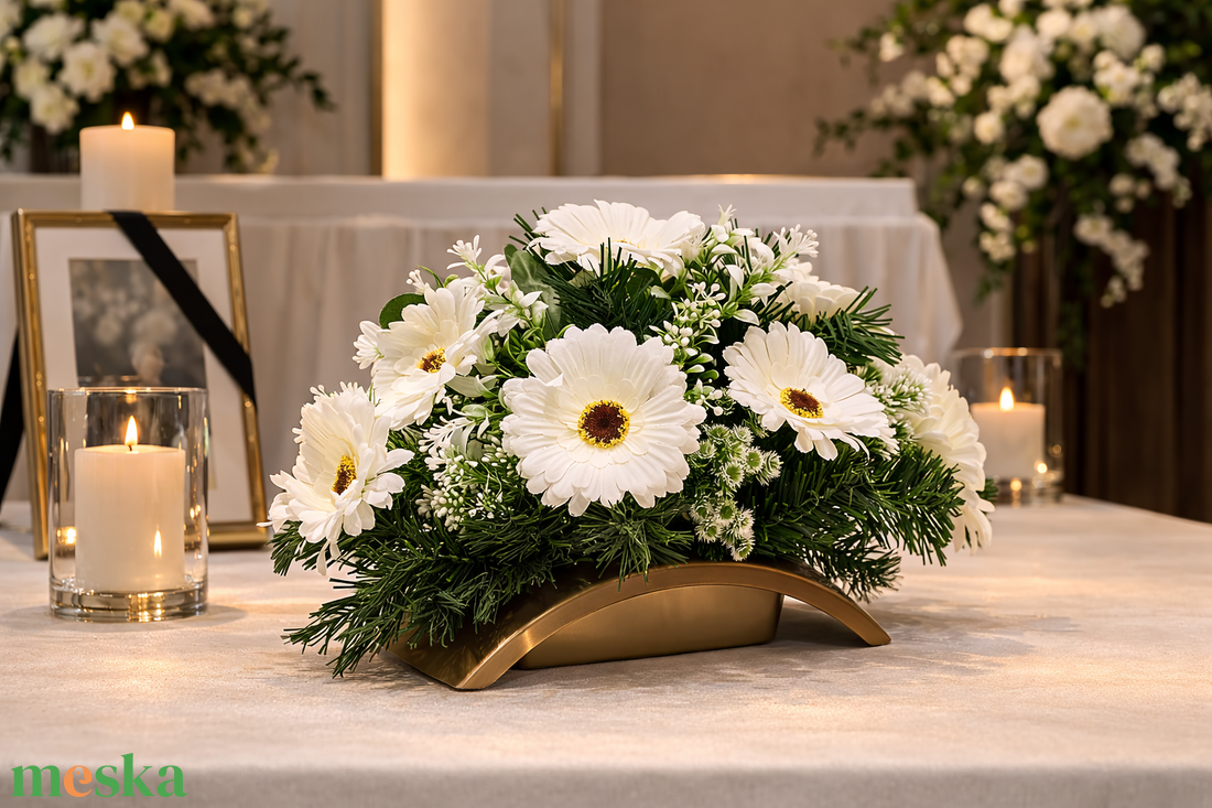 Fehér gerberás sírdísz  � elegáns kegyeleti virágkompozíció - otthon & életmód - vallás - temetkezési tárgy - sírdísz, kegyeleti dísz - Meska.hu