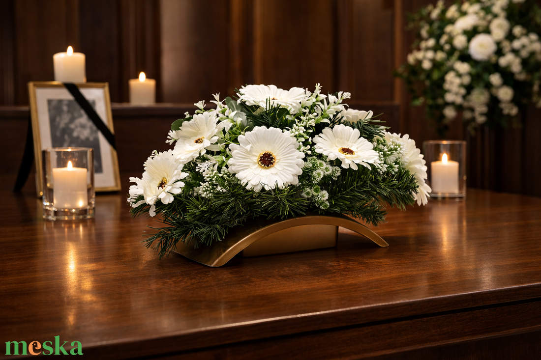 Fehér gerberás sírdísz  � elegáns kegyeleti virágkompozíció - otthon & életmód - vallás - temetkezési tárgy - sírdísz, kegyeleti dísz - Meska.hu
