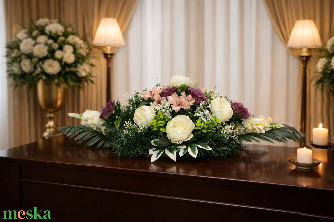 Elegáns rózsás sírdísz � kegyeleti virágkompozíció krém és bordó virágokkal - otthon & életmód - vallás - temetkezési tárgy - sírdísz, kegyeleti dísz - Meska.hu